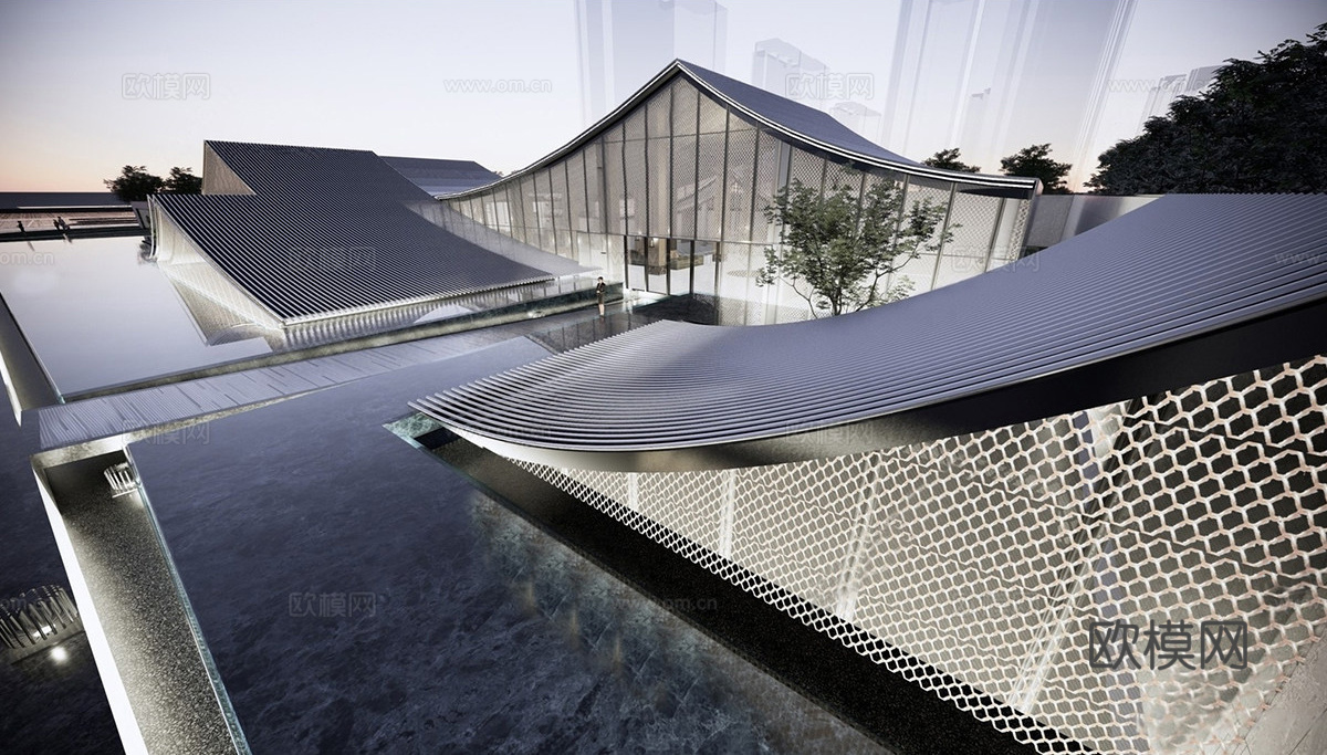 新中式售楼处建筑su模型下载（渲染图1）