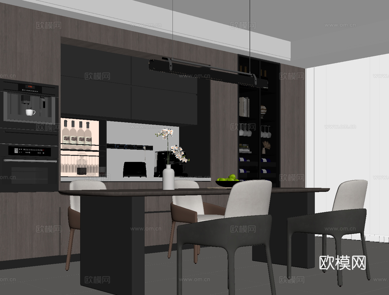 现代意式餐厅 餐桌椅 餐边柜 酒柜su模型