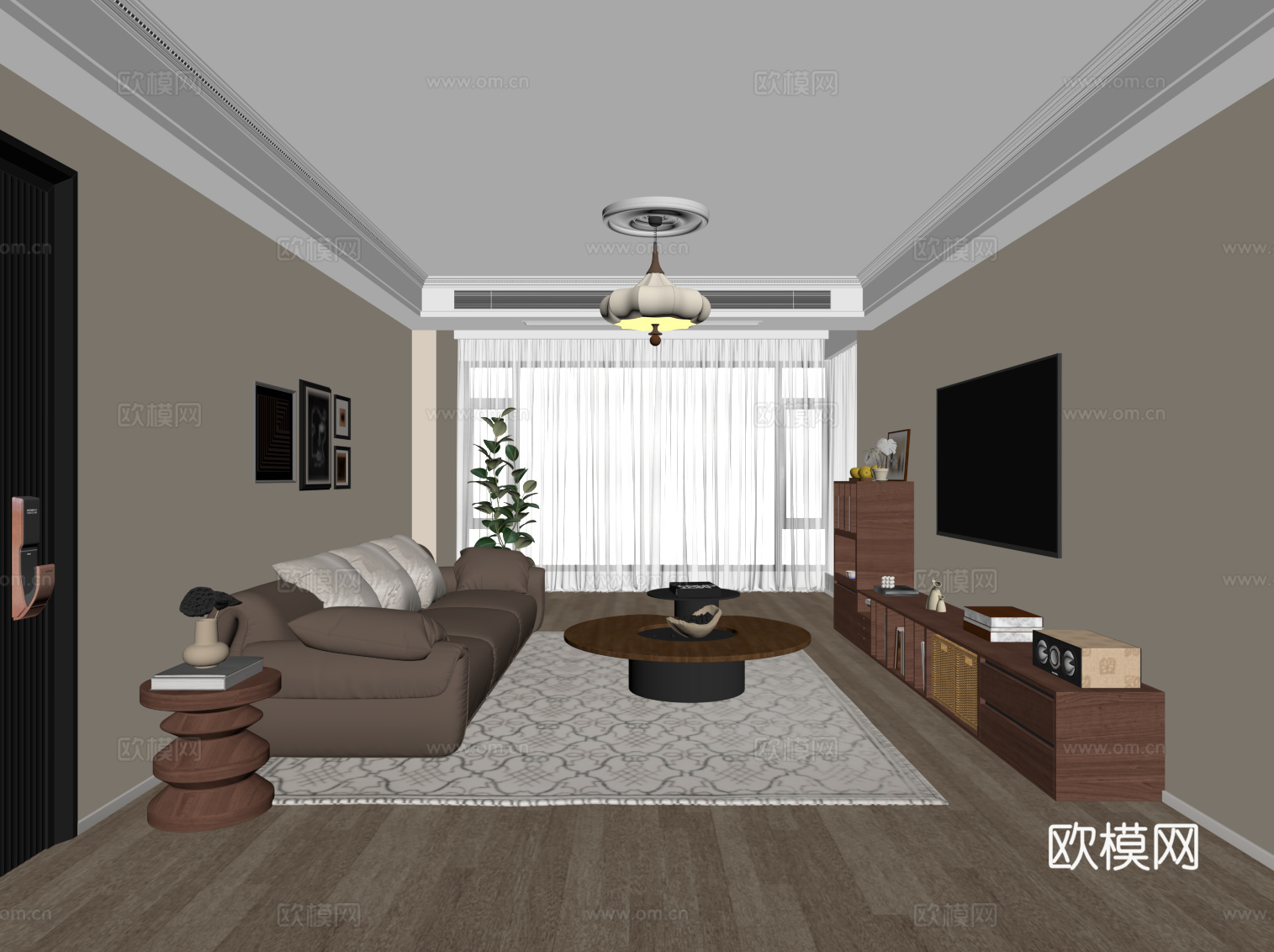 复古中古家居客厅 电视柜 沙发茶几组合su模型