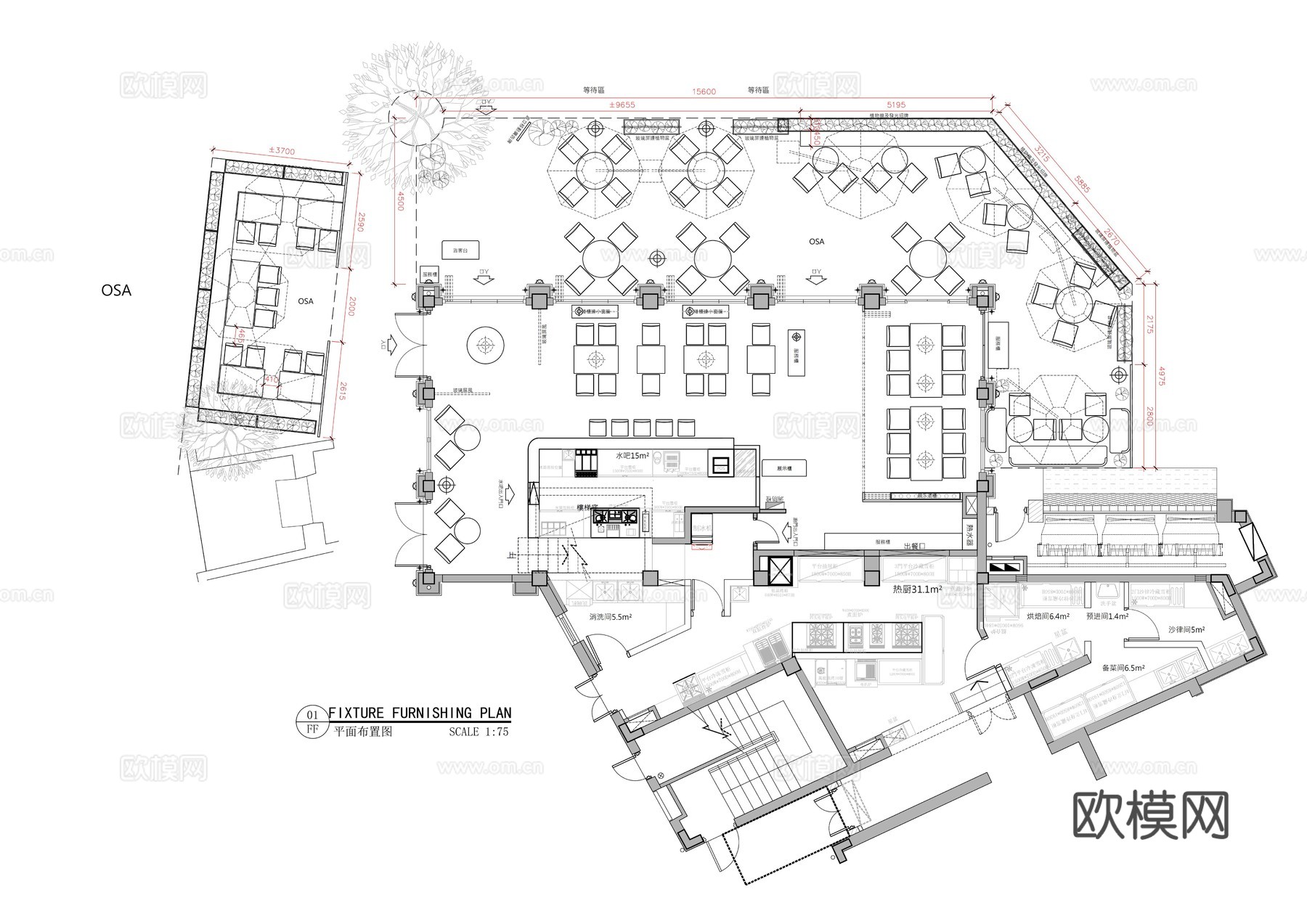 蔡澜点心佛山叁色粤菜广东菜中式餐厅平面布置图cad施工图