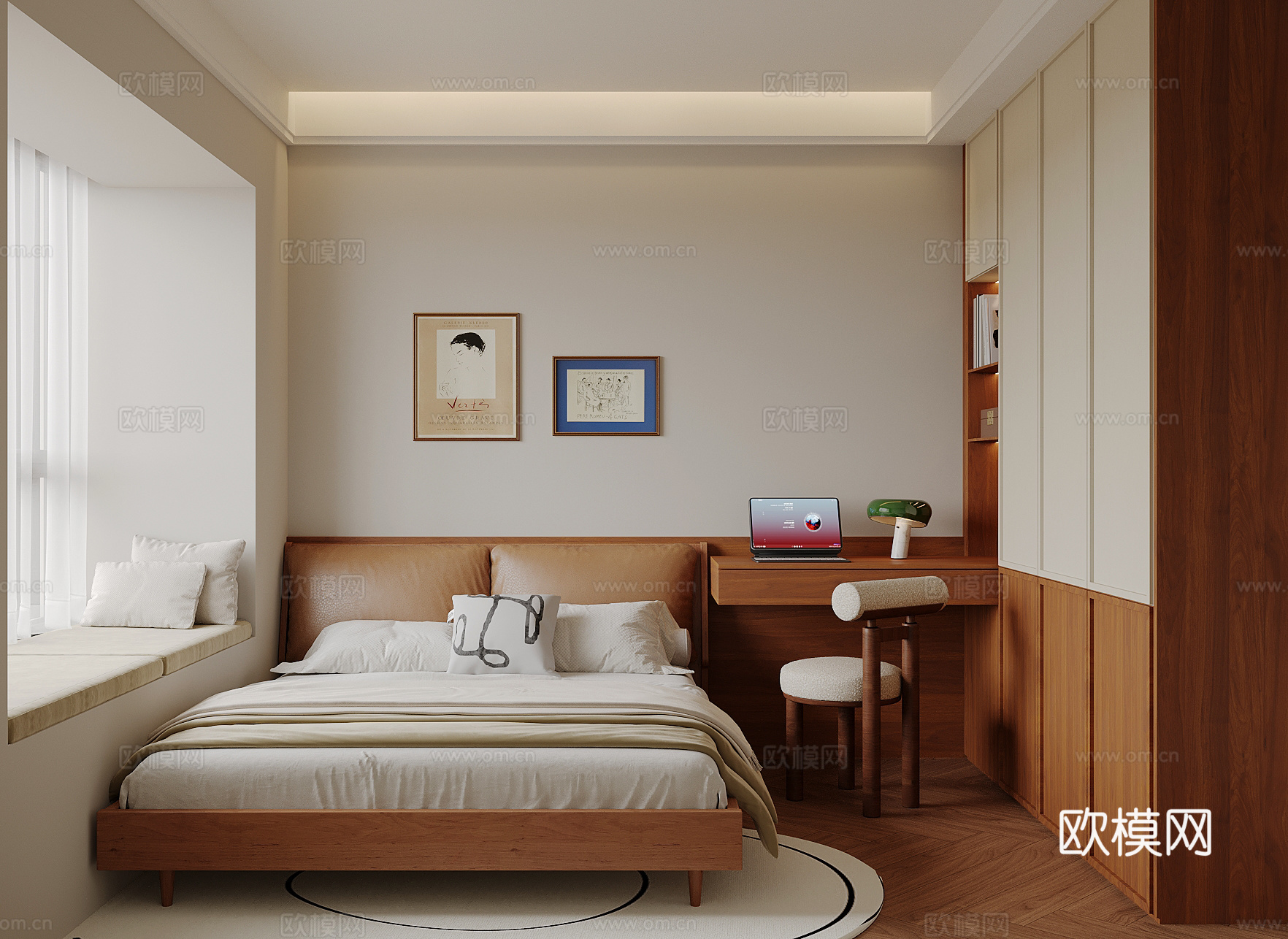 中古风卧室 次卧 双人床 衣柜su模型