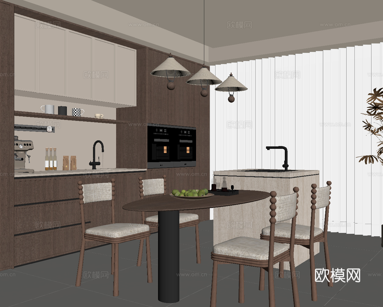 现代中古风餐厅 餐桌椅 餐边柜su模型