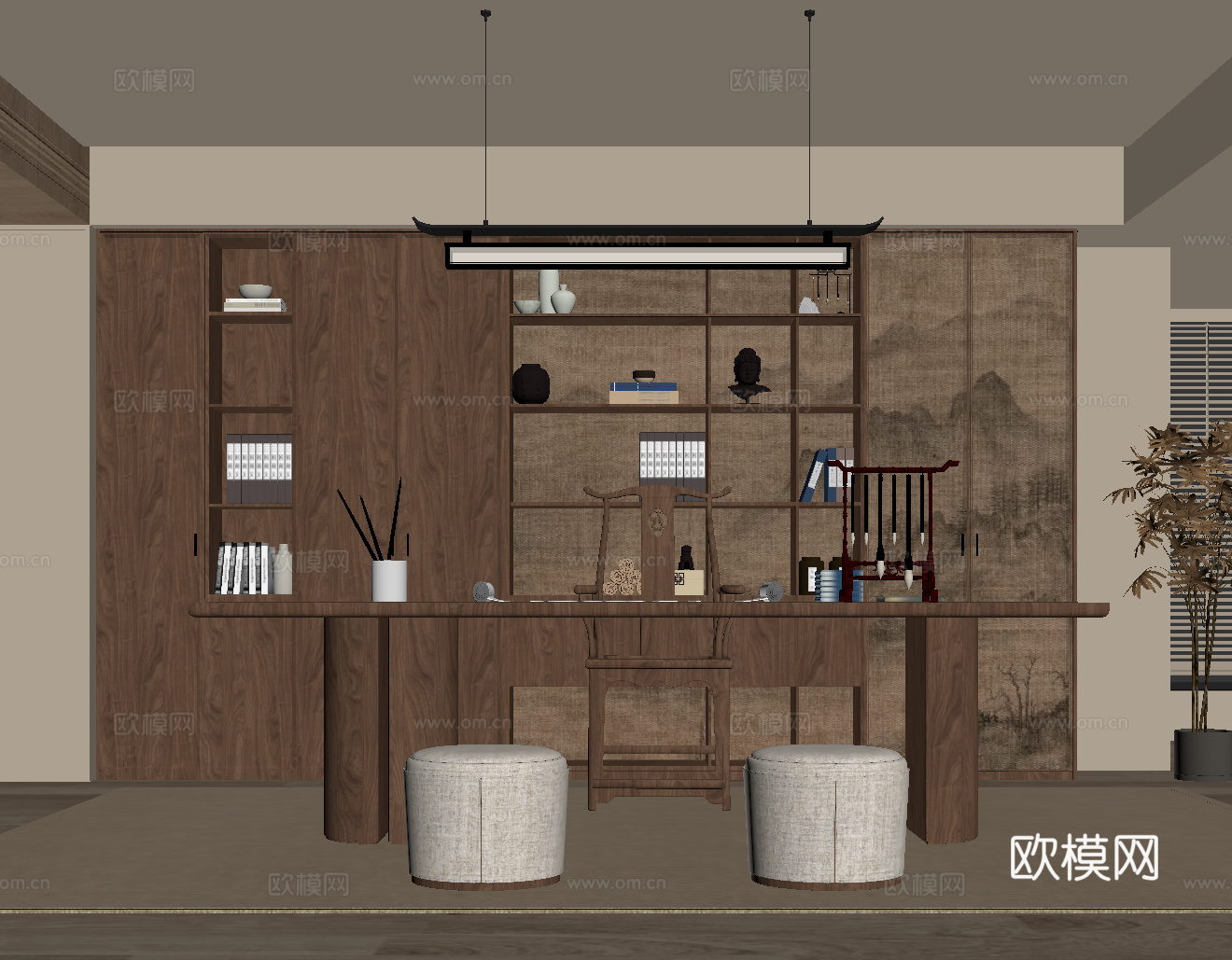 新中式宋氏书房 开放式书房 书桌椅 书柜su模型