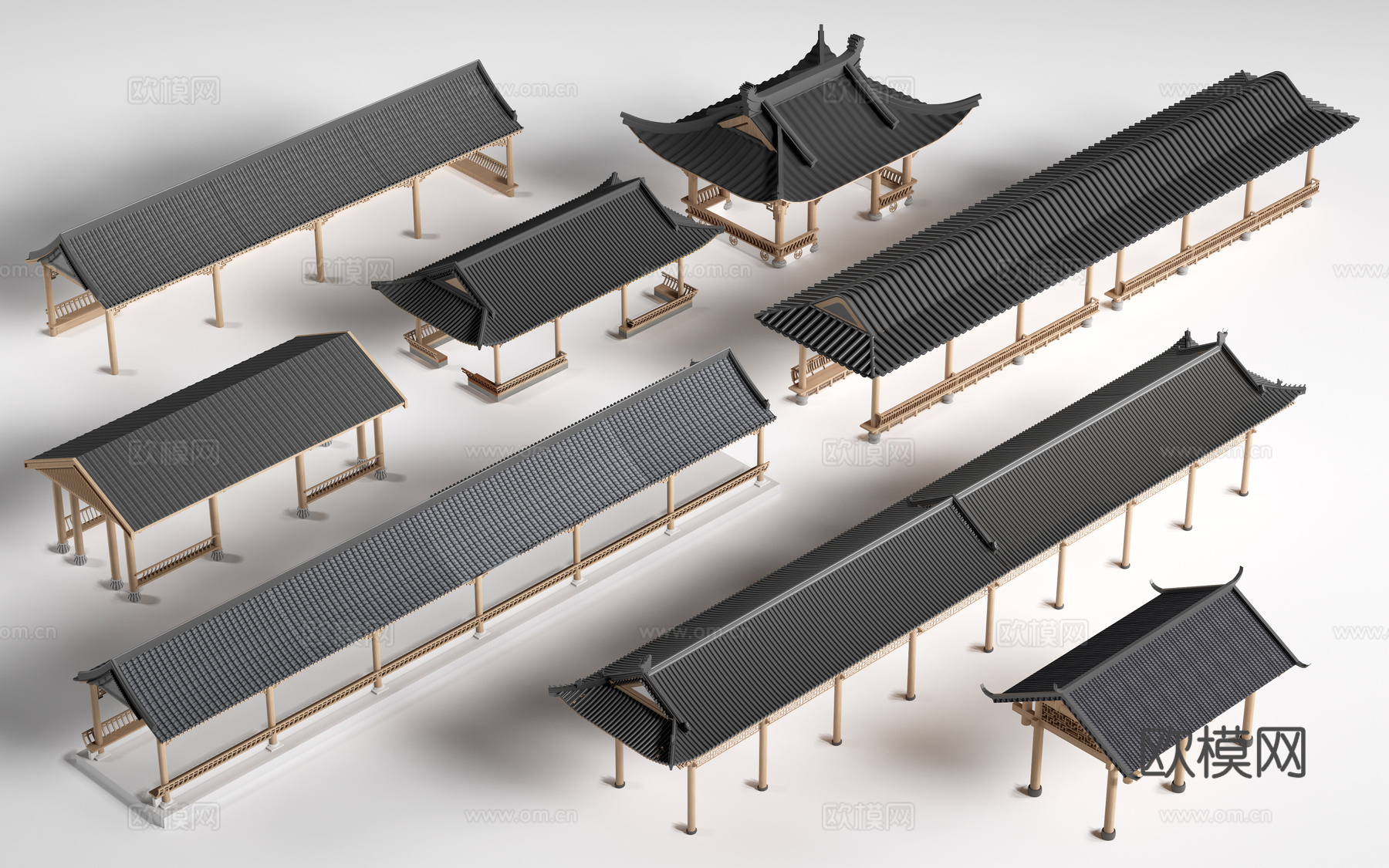 中式长廊 中式廊架 中式连廊su模型