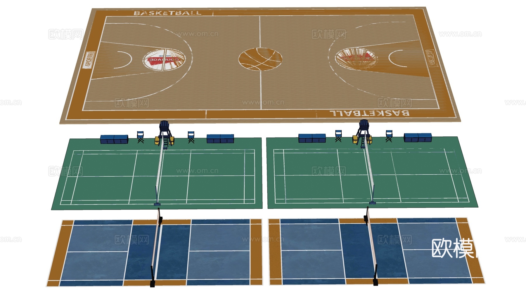 现代篮球场 运动场 室内球场su模型