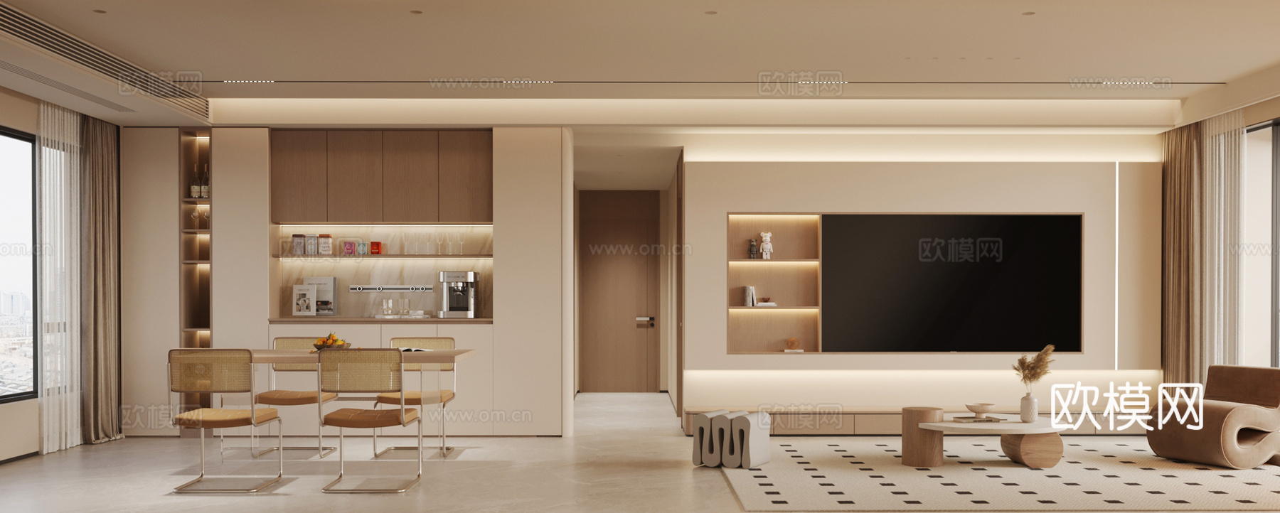 现代奶油风客餐厅 客厅 餐厅 电视背景墙su模型
