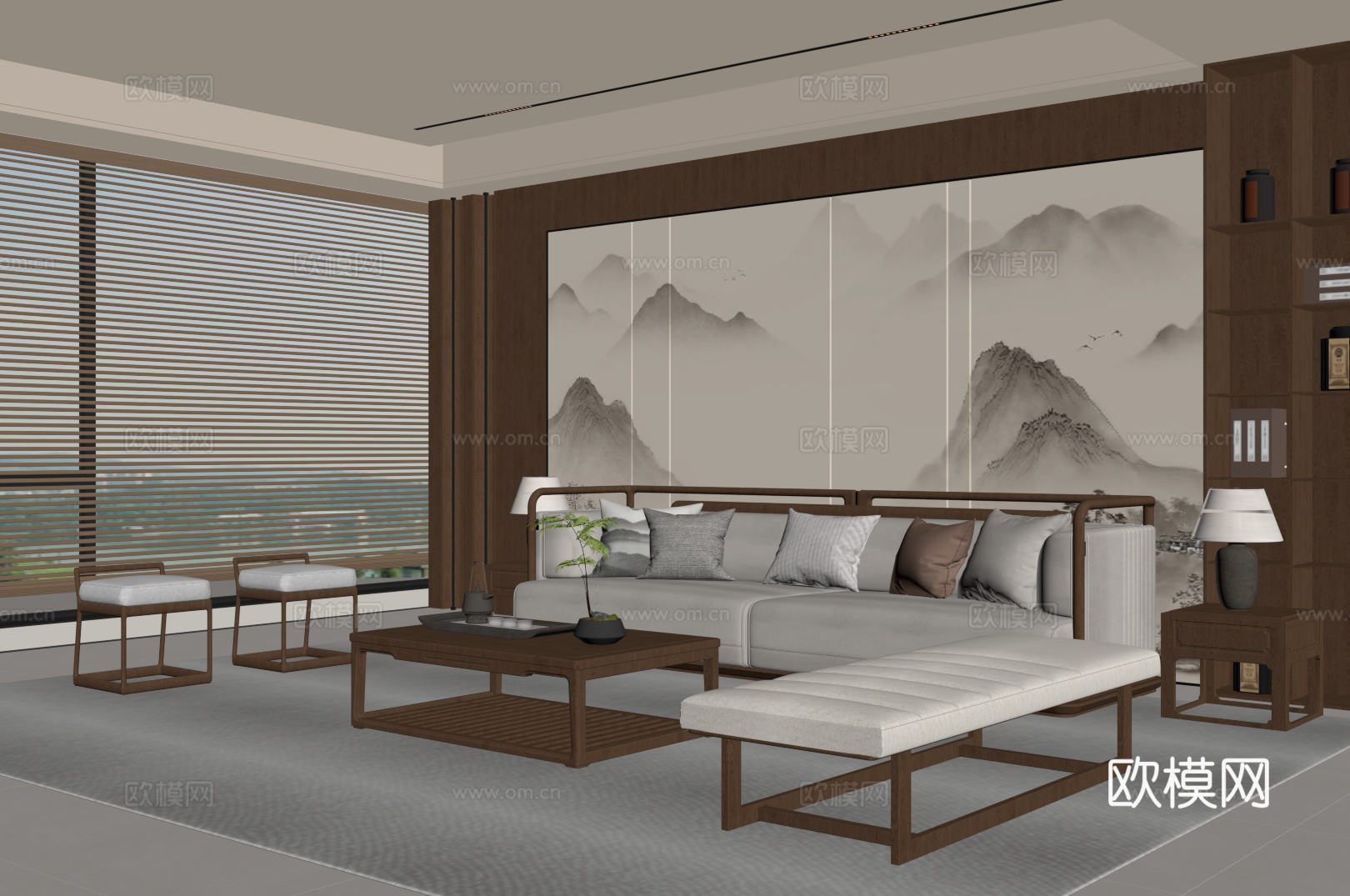 新中式客厅 沙发茶几组合 沙发背景墙su模型