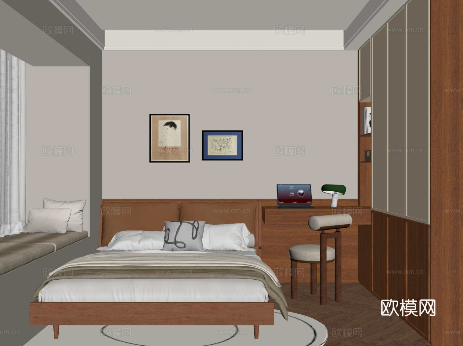 中古风卧室 次卧 双人床 衣柜su模型