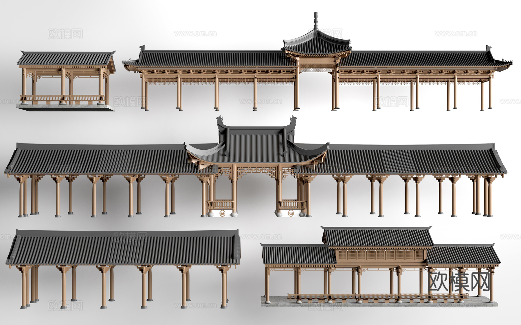 中式长廊 中式廊架 中式连廊su模型