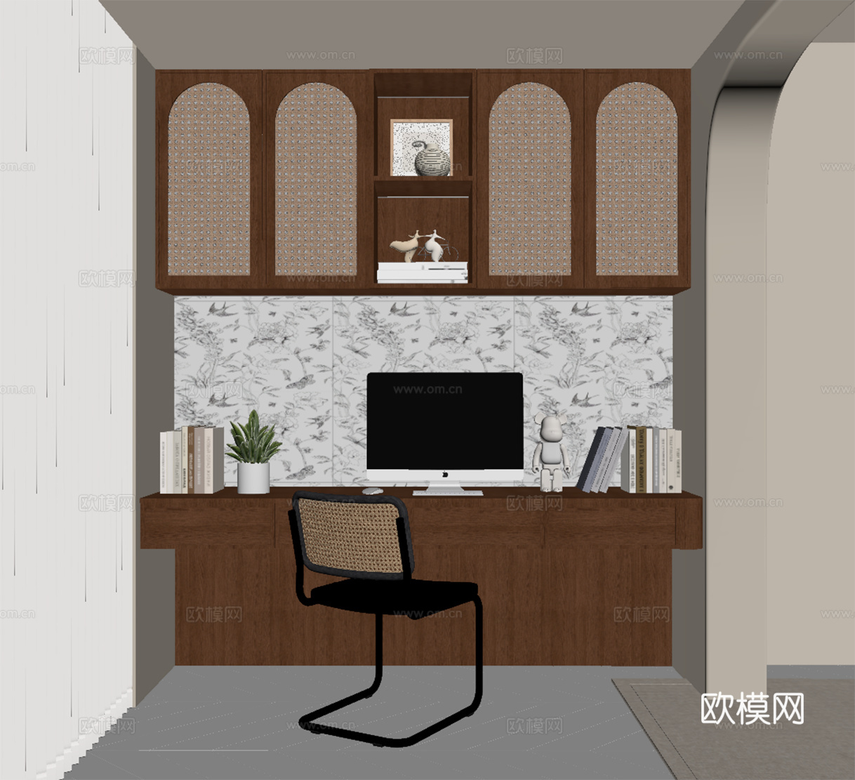 中古风阳台书房 书桌椅su模型