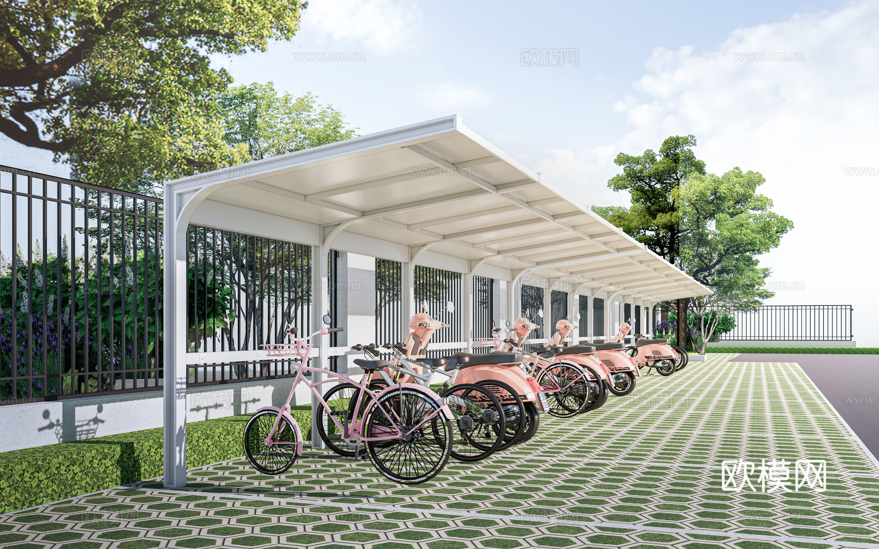 现代自行车棚 电动车棚 非机动车棚 自行车廊架su模型