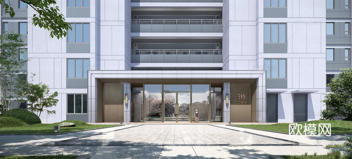 现代小区单元楼大门 小区入户双开门 入户门su模型