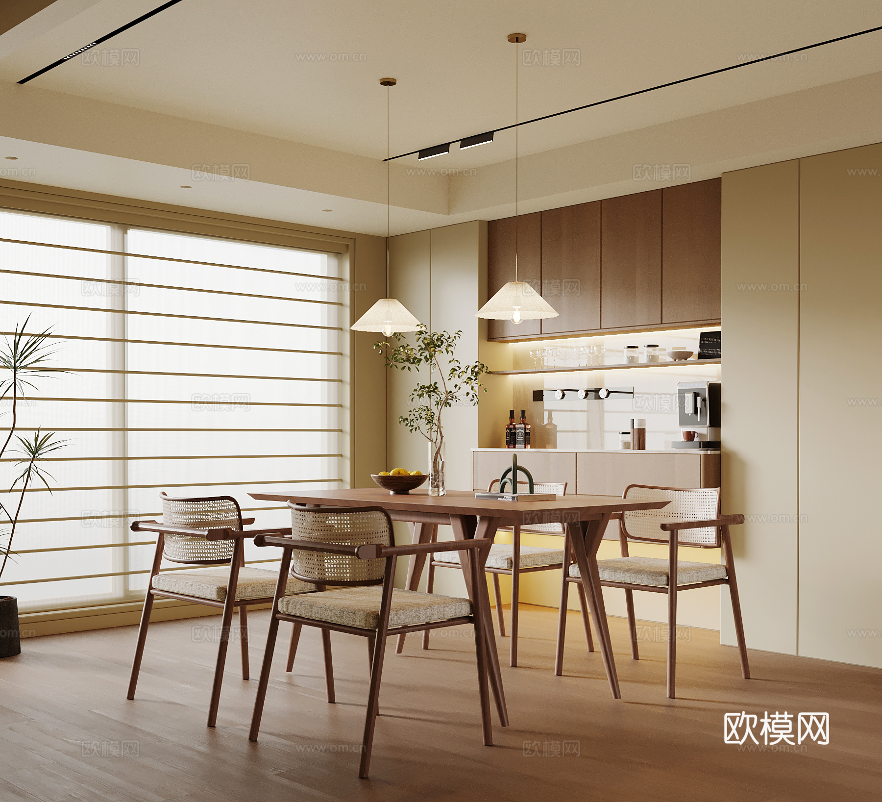 现代中古风餐厅 餐桌椅 餐边柜su模型