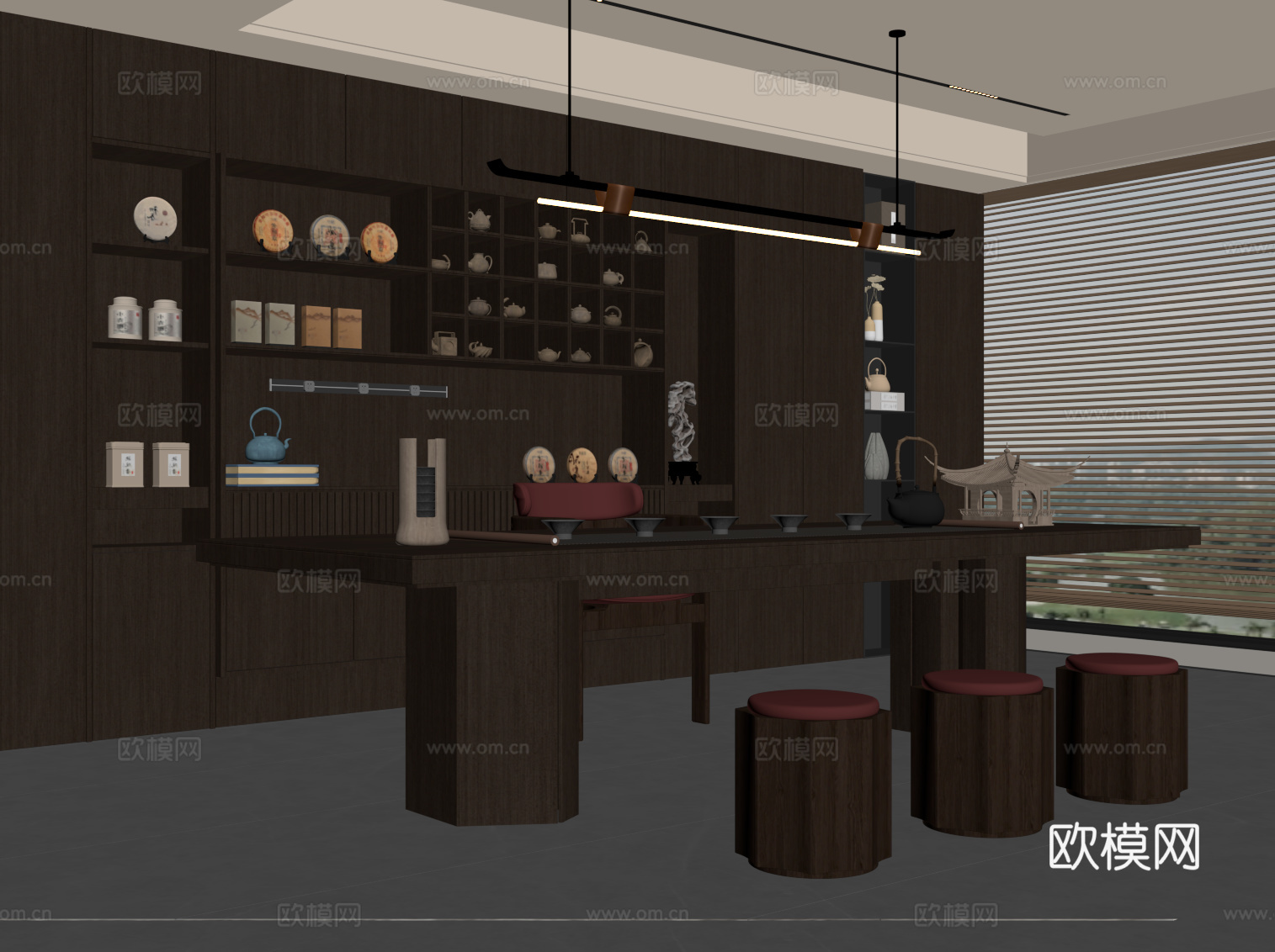新中式茶室 茶桌椅 茶柜su模型