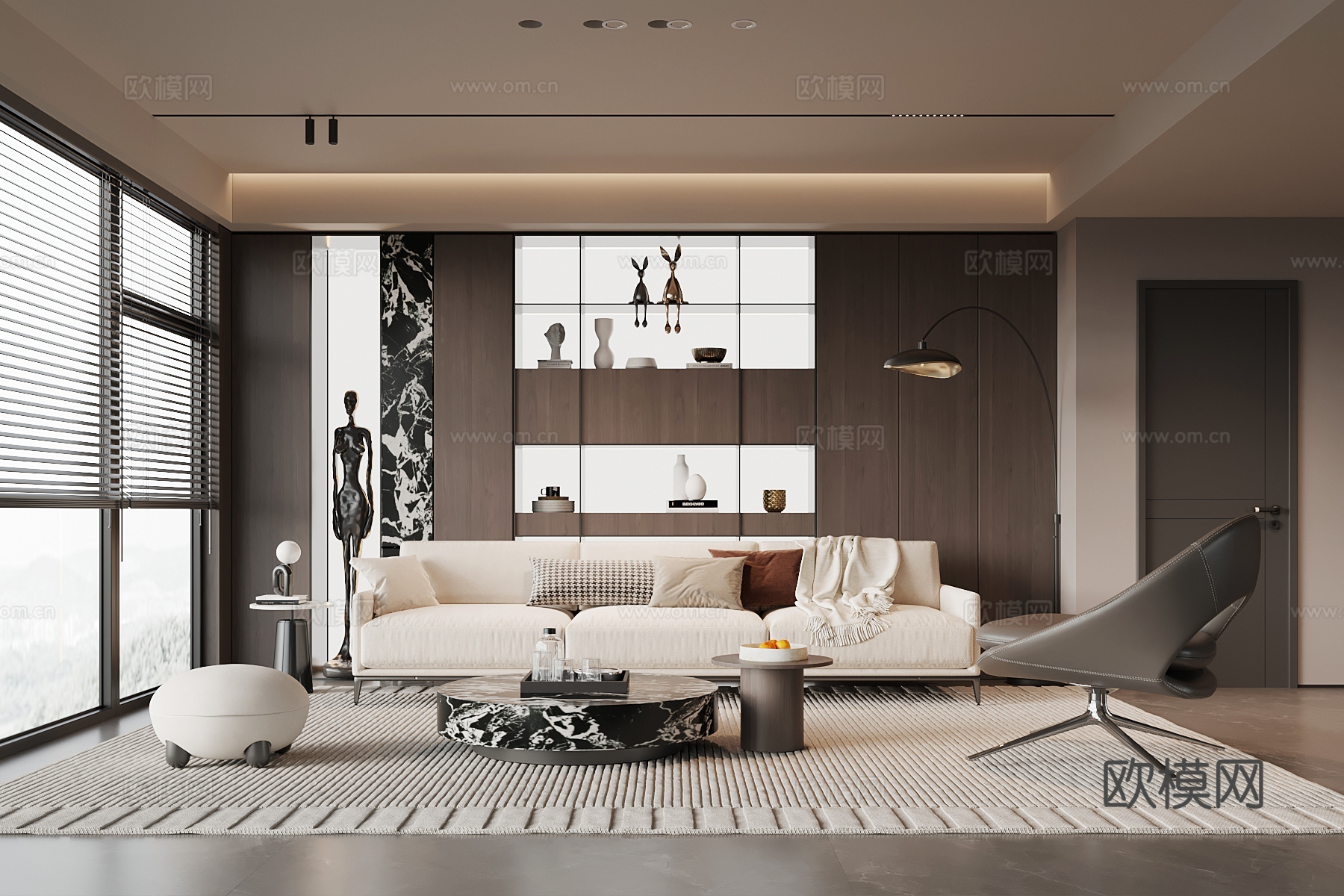 现代意式家居客厅 沙发茶几组合 装饰柜su模型