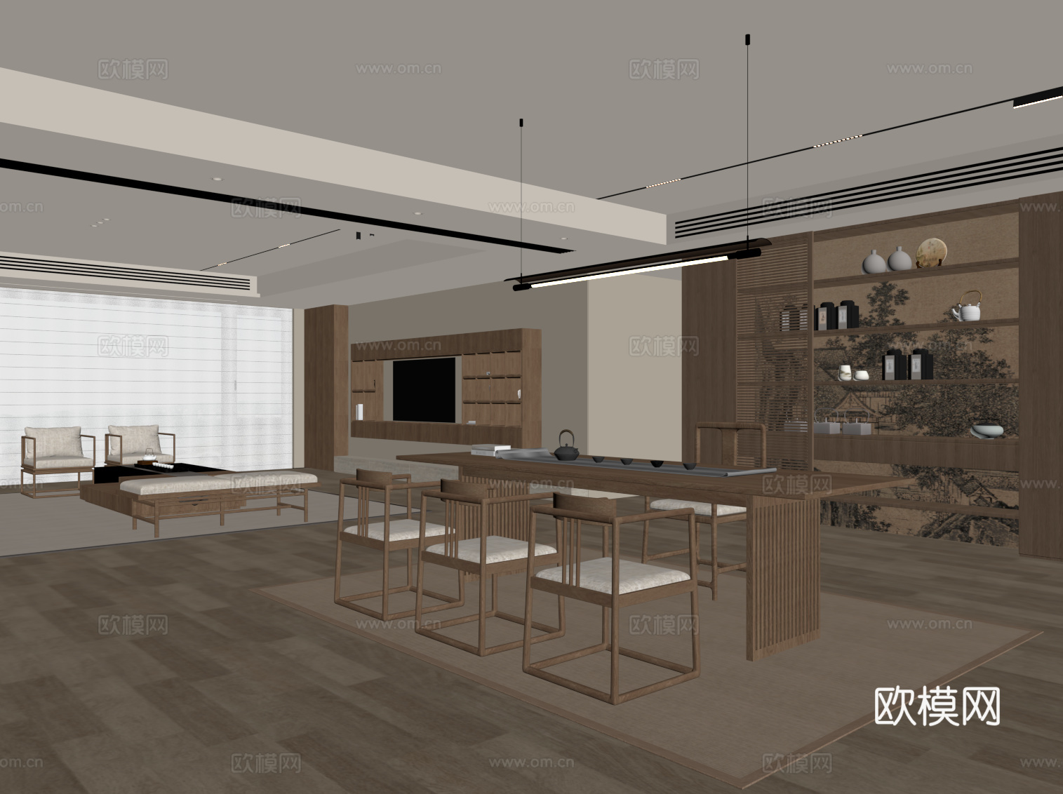 新中式家居客厅 沙发茶几组合 电视背景墙 茶室su模型