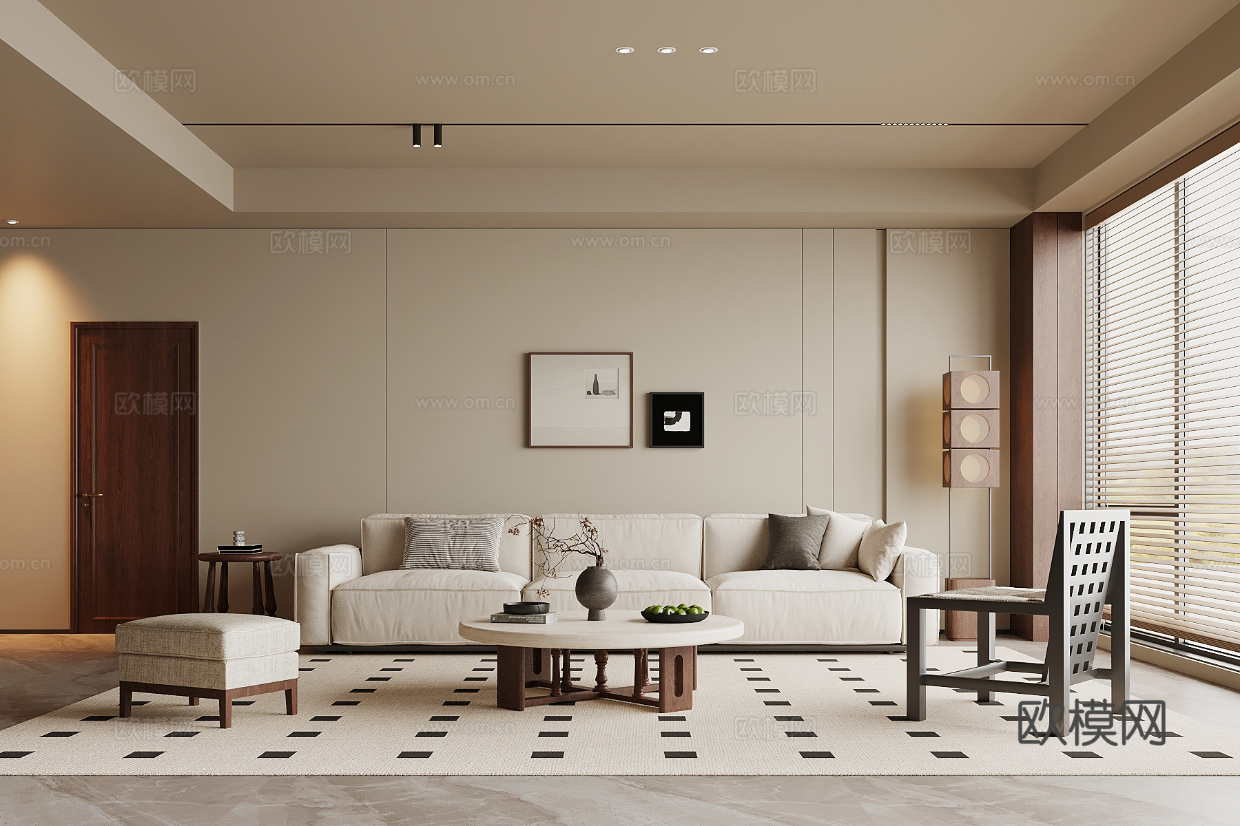 中古风家居客厅 沙发茶几组合 背景墙3d模型