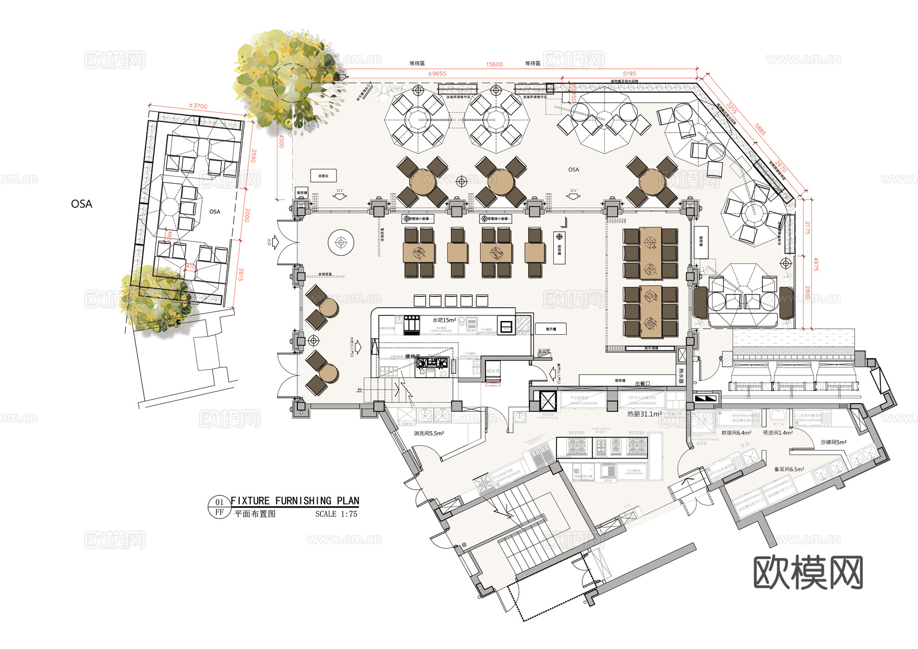 蔡澜点心佛山叁色粤菜广东菜中式餐厅平面布置图cad施工图