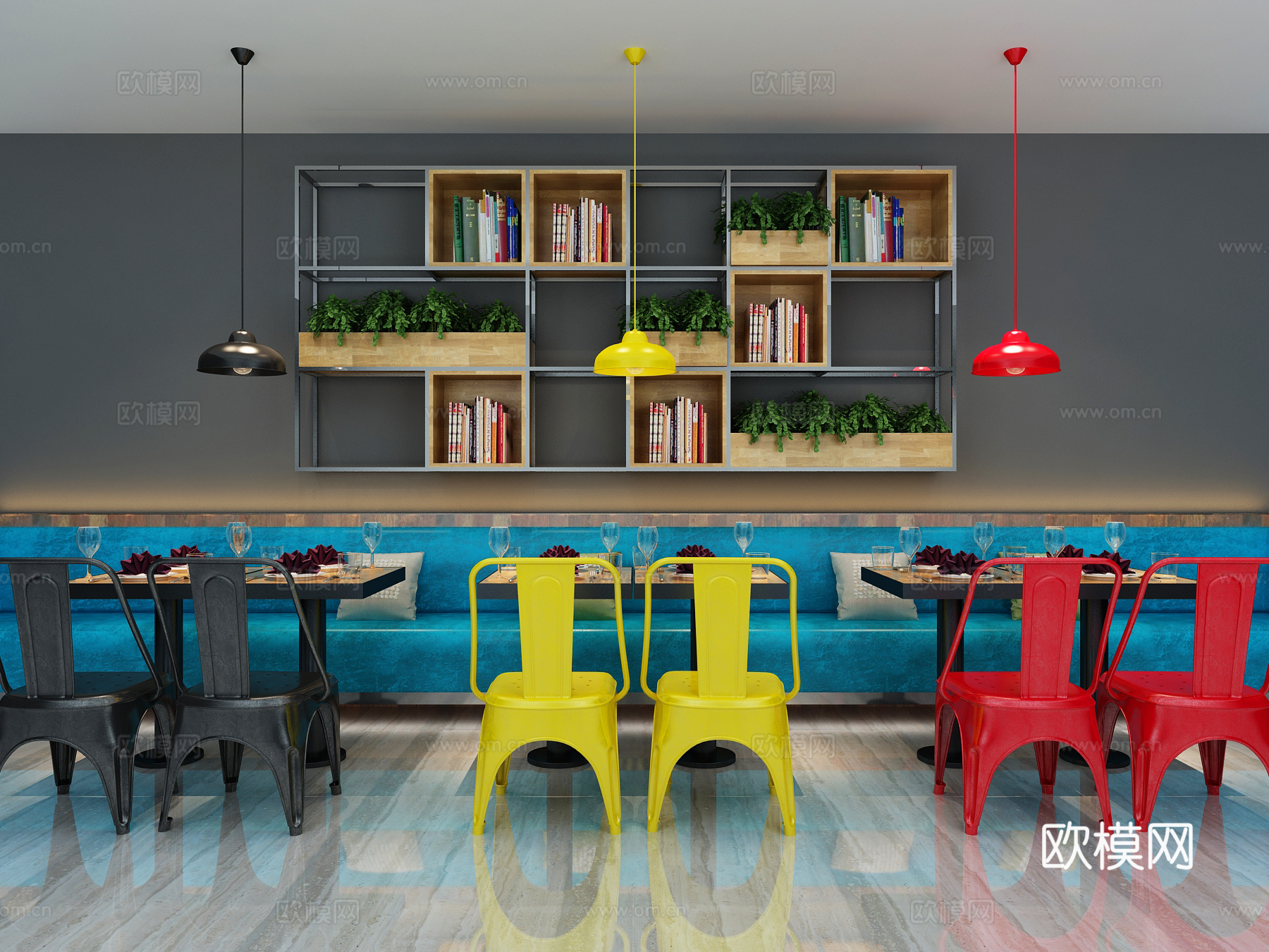 工业风卡座 卡台 长条沙发 餐厅桌椅 墙柜 工业复古吊灯3d模型