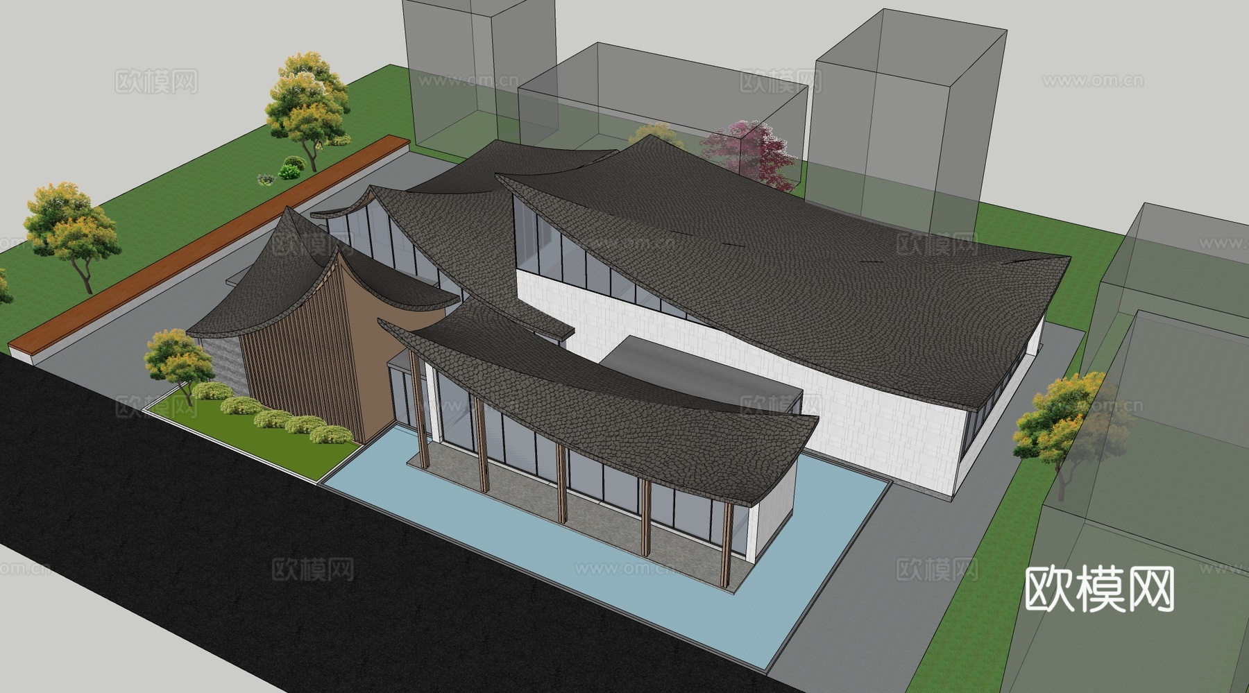 新中式售楼处建筑su模型下载（渲染图2）