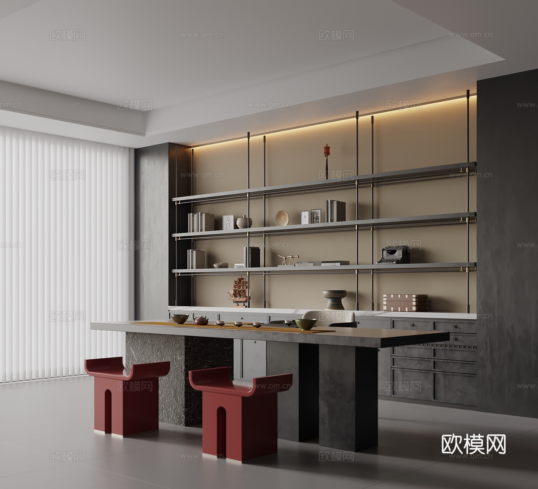 新中式茶室 茶桌椅 书房su模型