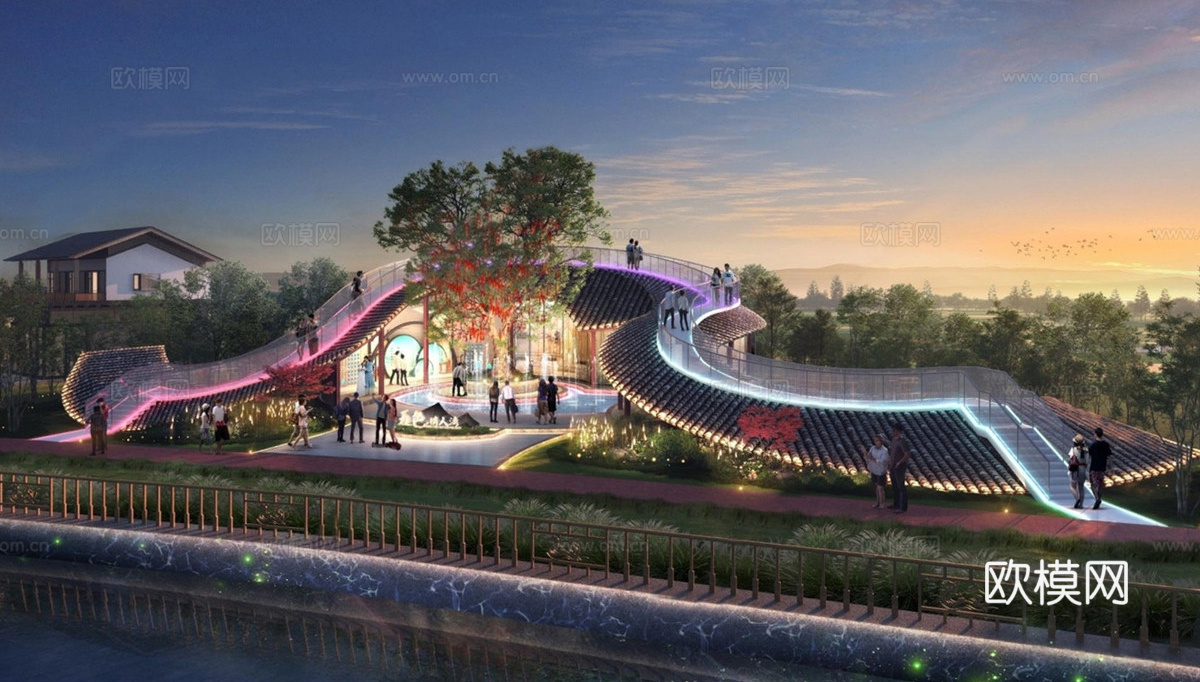 新中式现代小公建 新中式驿站 打卡观景台 许愿树 流线型观su模型下载（渲染图1）