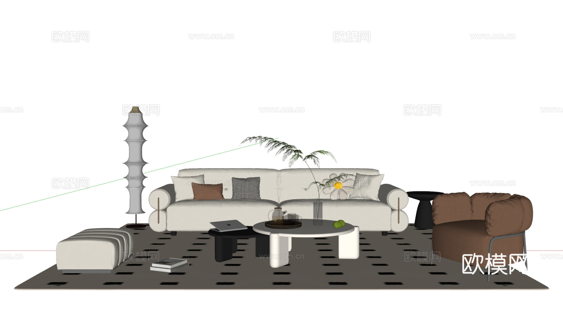 奶油风沙发茶几组合 多人沙发 布艺沙发 休闲椅 地毯su模型下载（渲染图2）