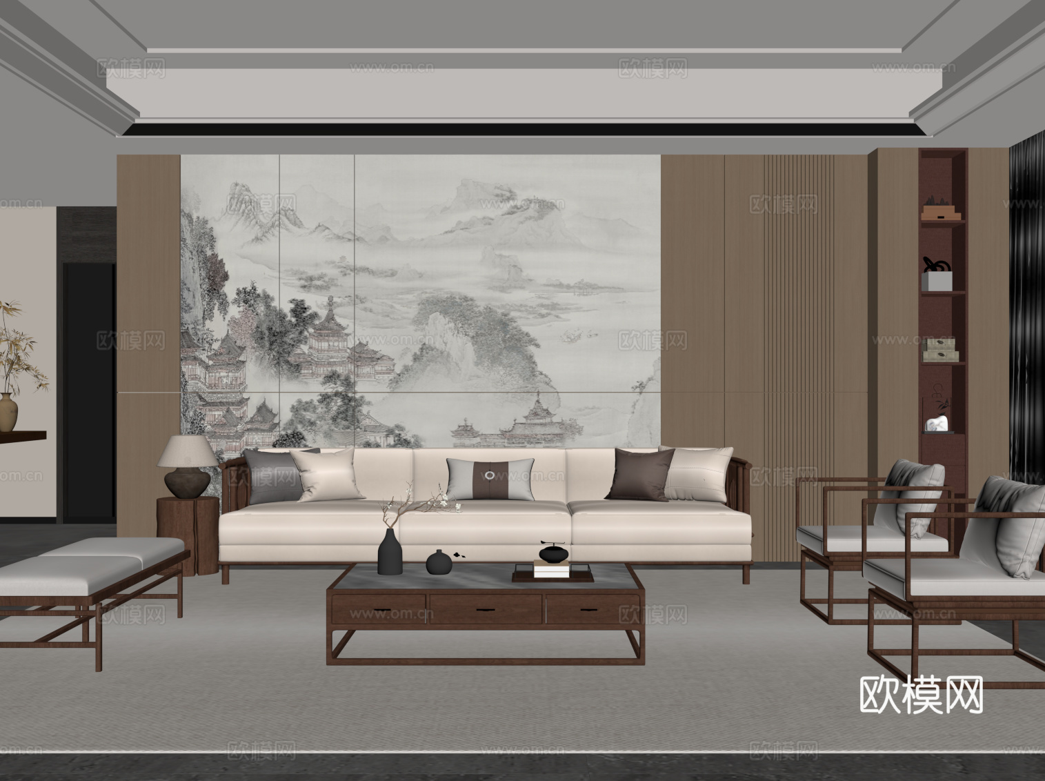新中式客厅 沙发茶几组合 沙发背景墙su模型