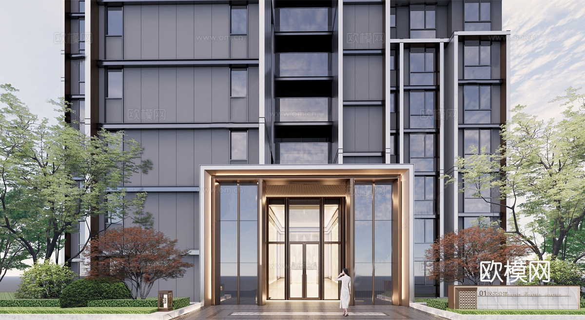 现代小区单元楼 入户双开门  小区入户门su模型