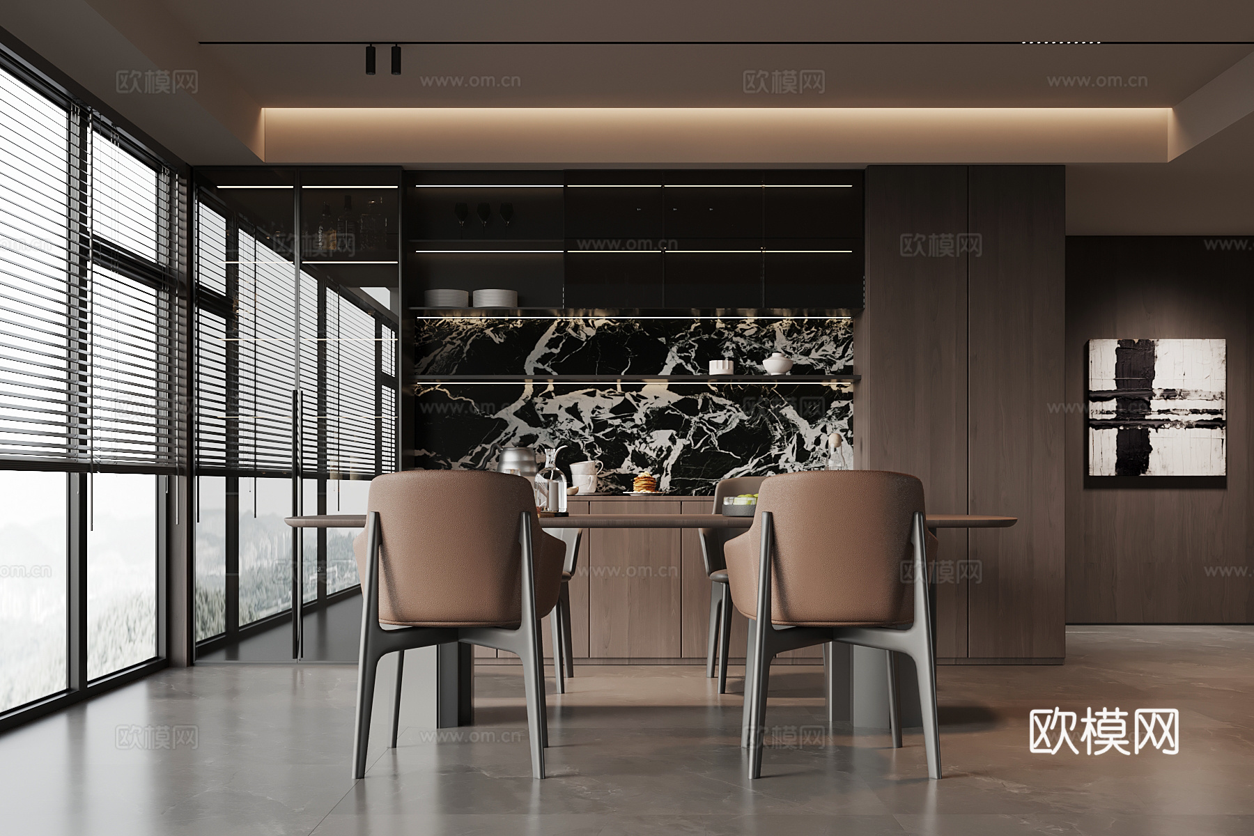 现代意式餐厅 餐桌椅 酒柜 餐边柜su模型