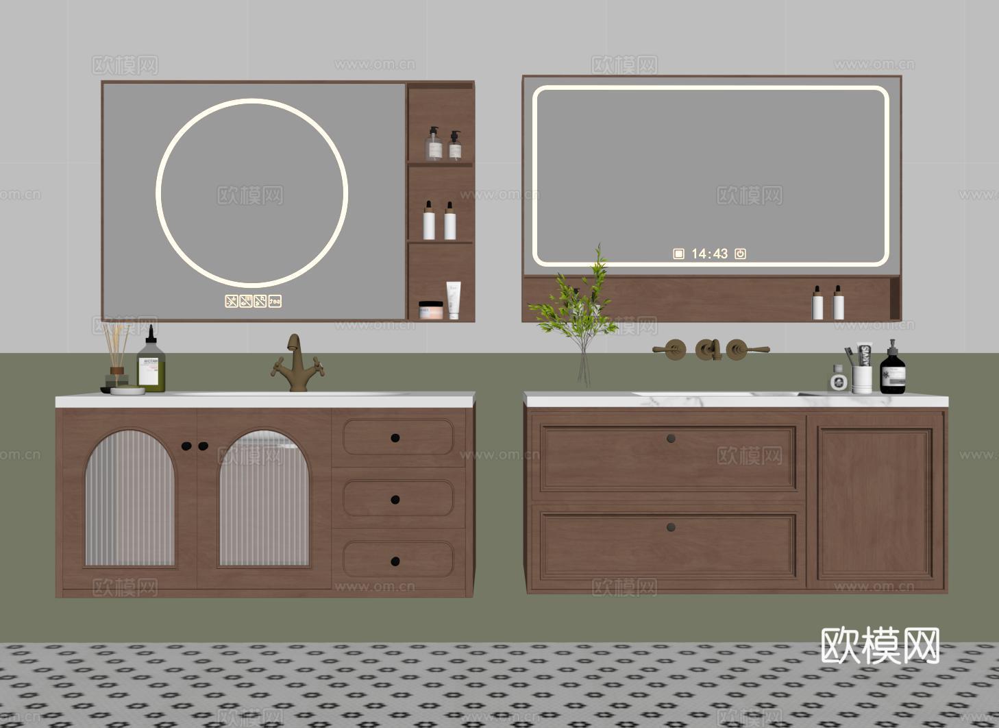 法式浴室柜 复古洗手台 洗漱台su模型