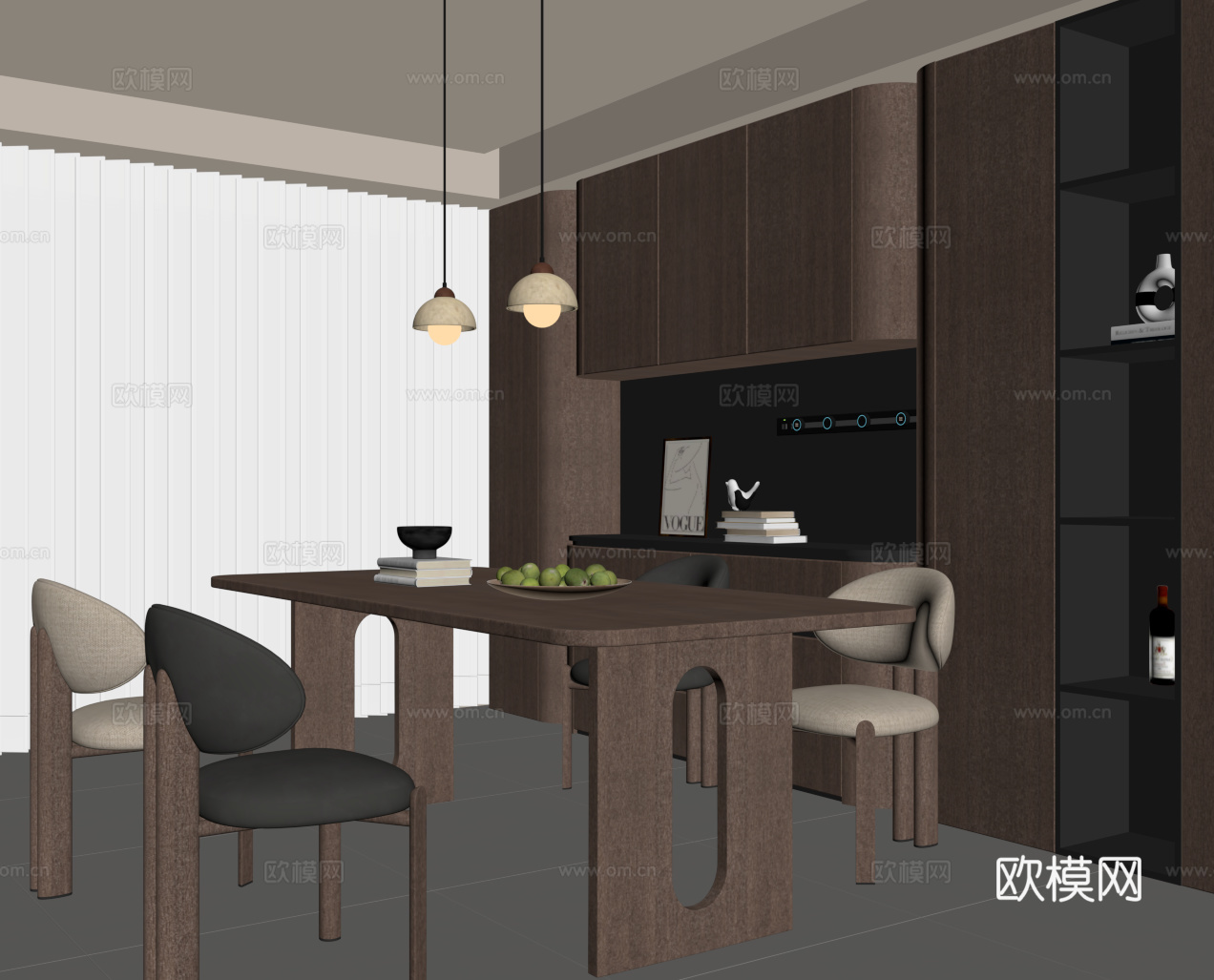 现代中古风餐厅 餐桌椅 餐边柜su模型