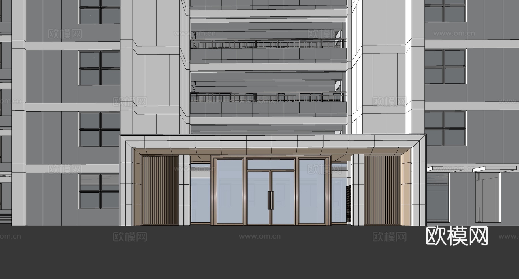 现代小区单元楼大门 小区入户双开门 入户门su模型