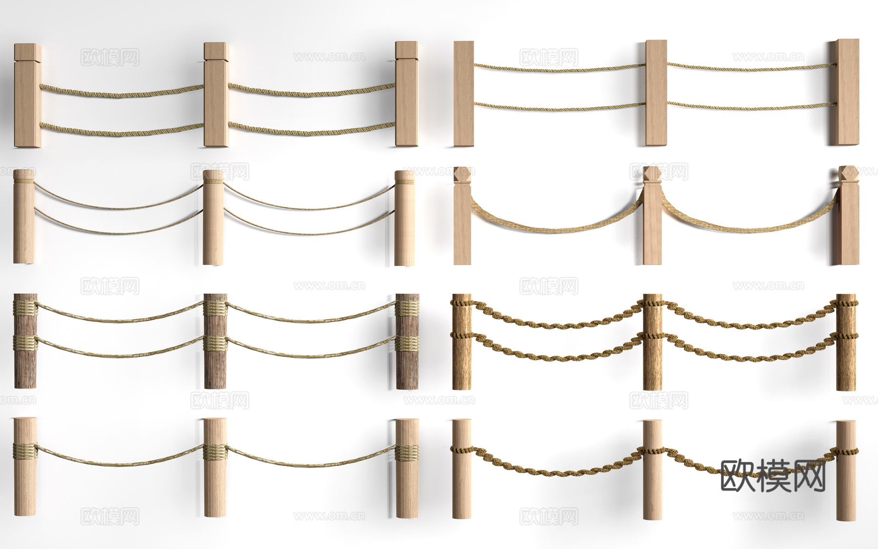 现代生态护栏 滨水护栏 绳索栏杆 户外木桩护栏su模型