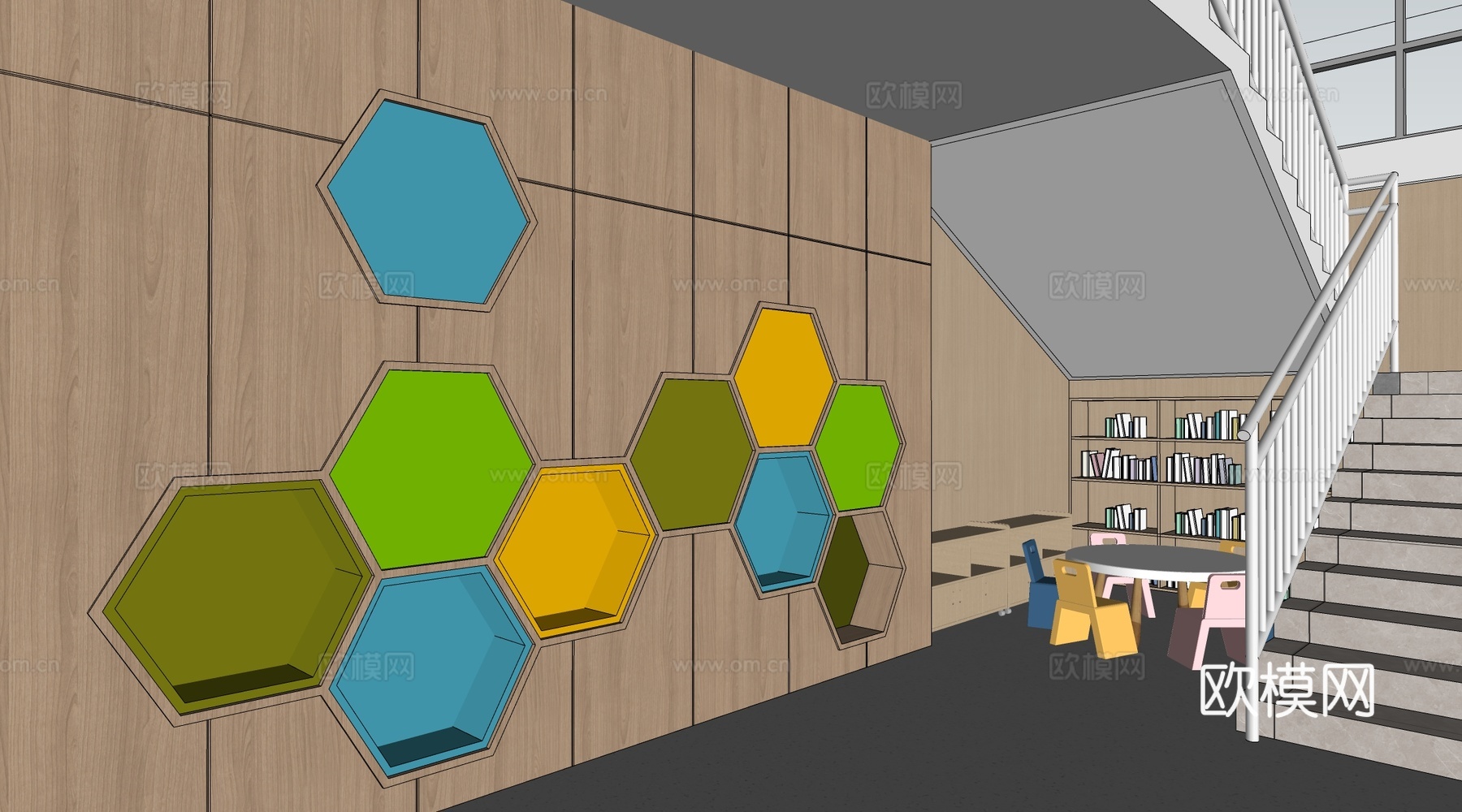 现代学校楼梯间装饰 校园文化墙 校园装饰墙 校园读书角su模型