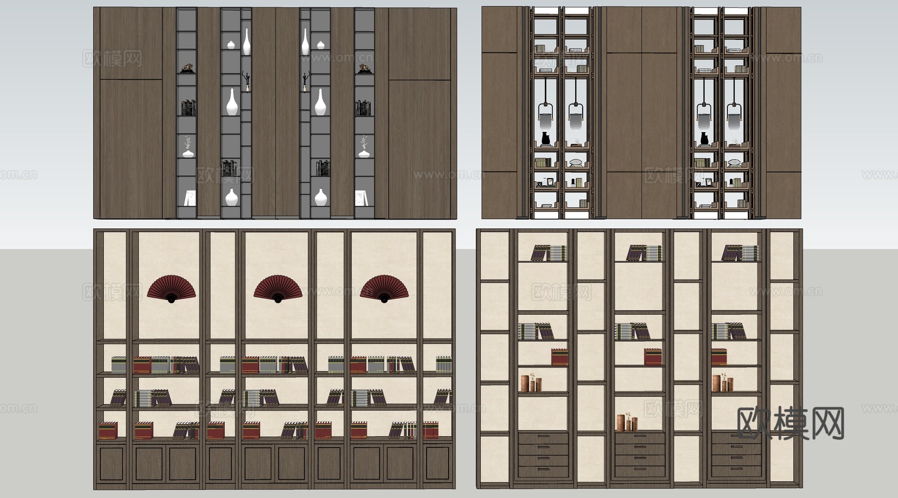 新中式装饰架 博古架 书架 置物架su模型