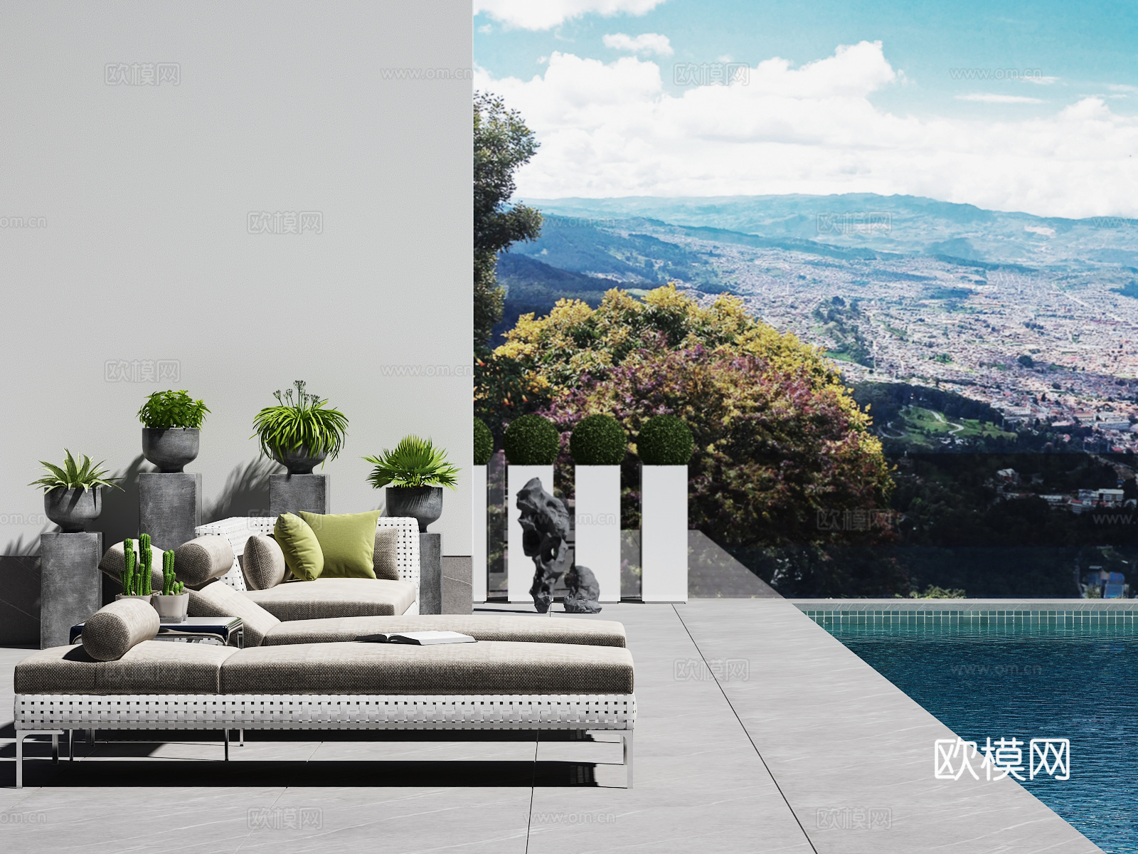 户外躺椅 泳池 盆景3d模型