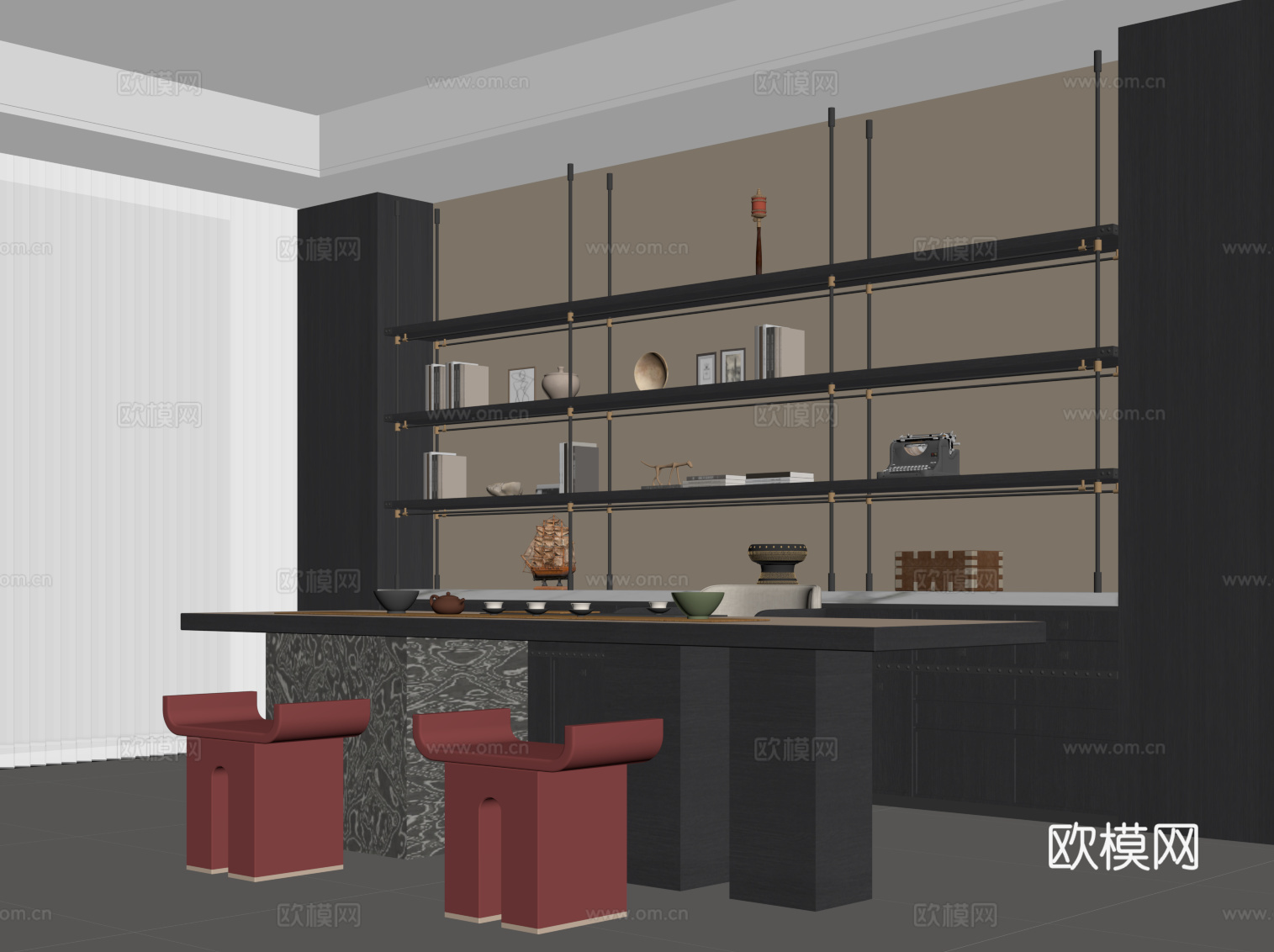 新中式茶室 茶桌椅 书房su模型