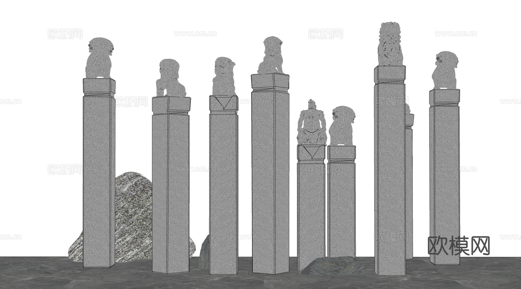 中式拴马桩 中式小品 中式柱子 中式庭院小品su模型