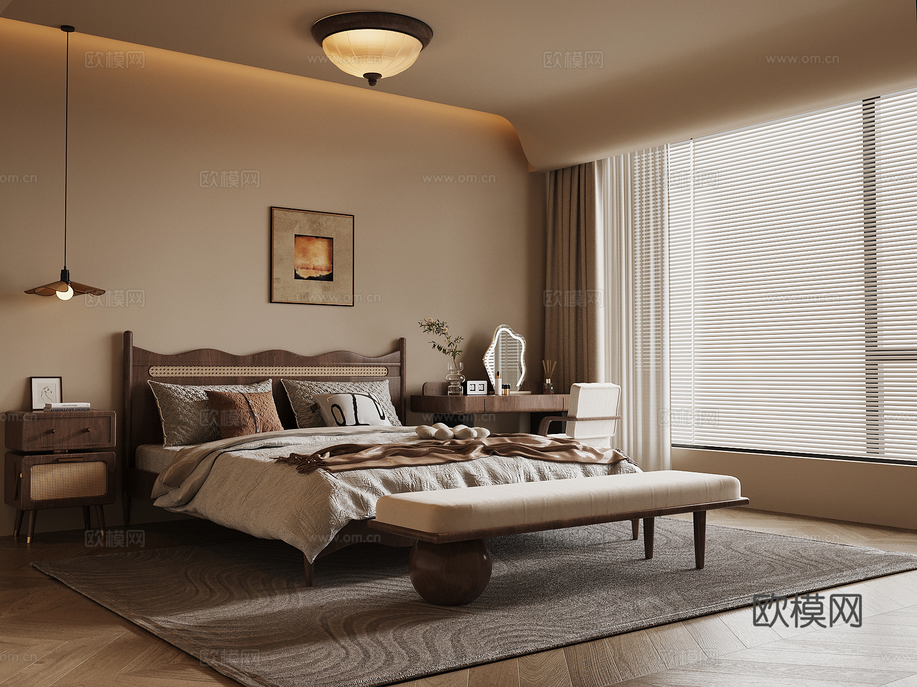 法式中古风卧室 双人床 梳妆台su模型su模型