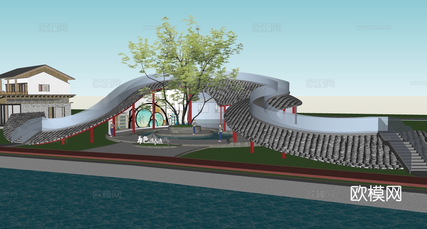 新中式现代小公建 新中式驿站 打卡观景台 许愿树 流线型观su模型下载（渲染图2）