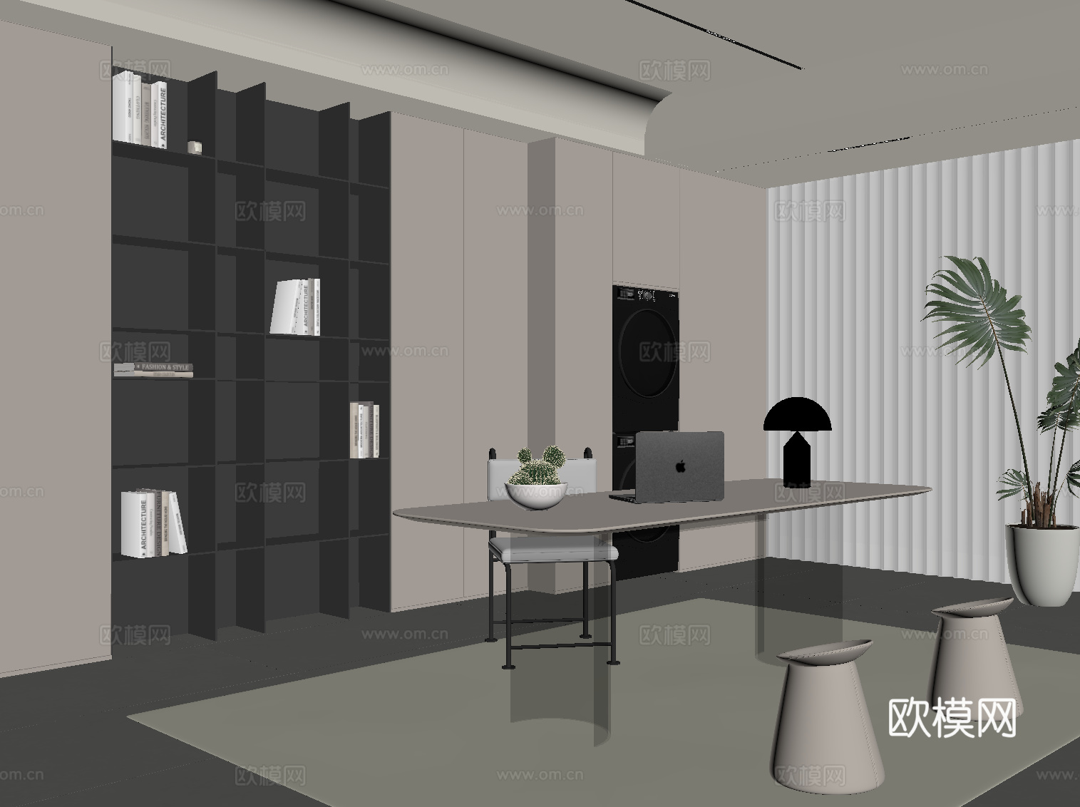 现代书房 书桌椅 书柜su模型