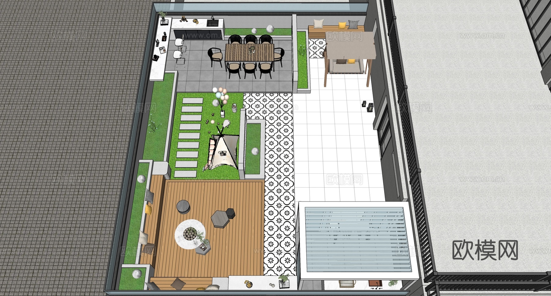 现代屋顶花园 庭院景观 阳台花园su模型下载（渲染图2）