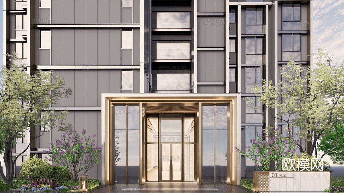 现代小区单元楼双开门  小区楼栋大门su模型