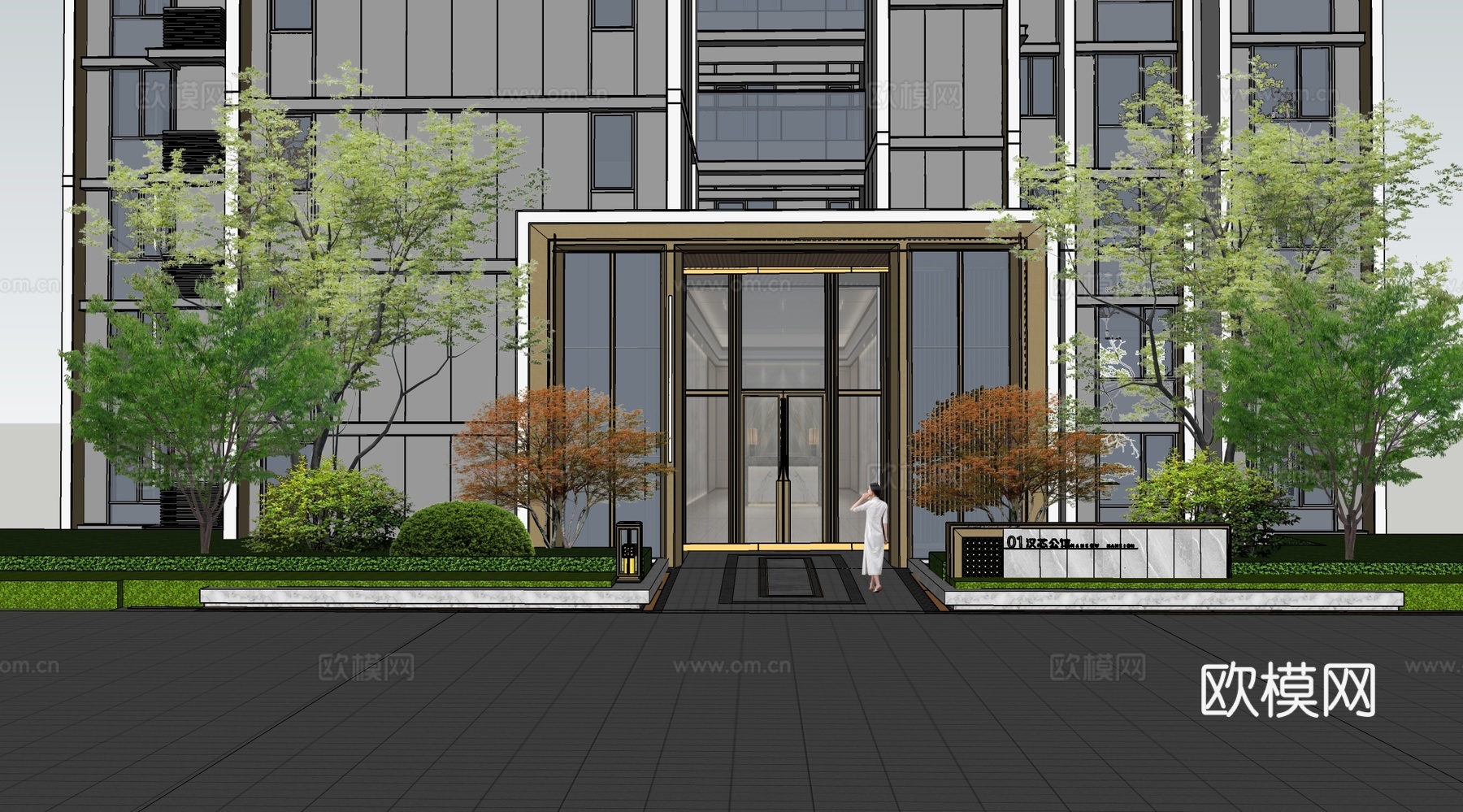 现代小区单元楼 入户双开门  小区入户门su模型