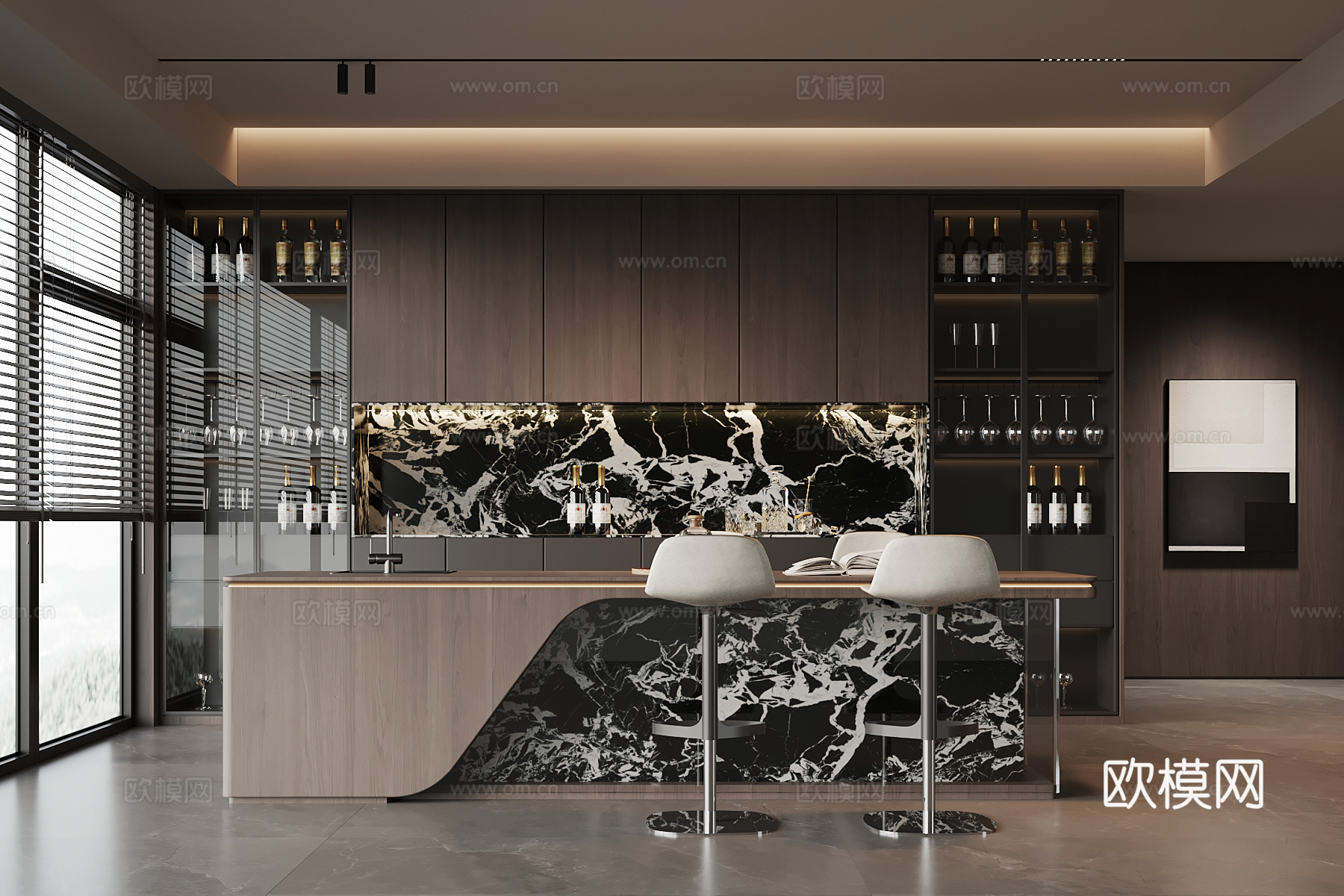 现代意式餐厅 岛台 餐桌椅 酒柜su模型