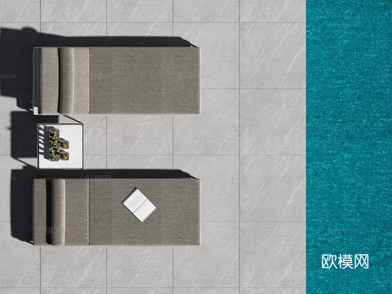 户外躺椅 泳池 盆景3d模型