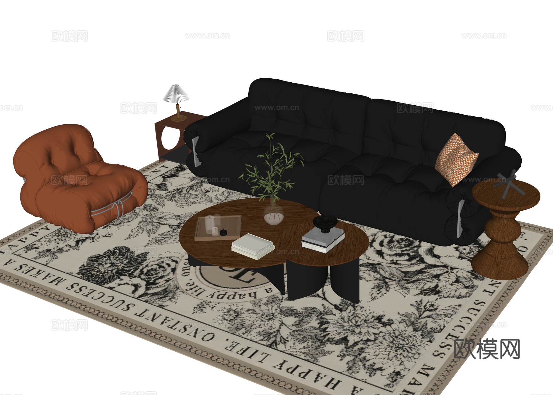 现代沙发茶几组合 地毯 双人沙发su模型su模型