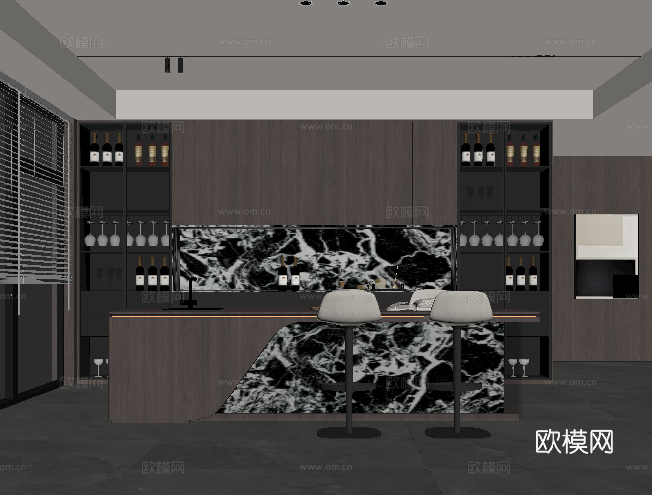 现代意式餐厅 岛台 餐桌椅 酒柜su模型