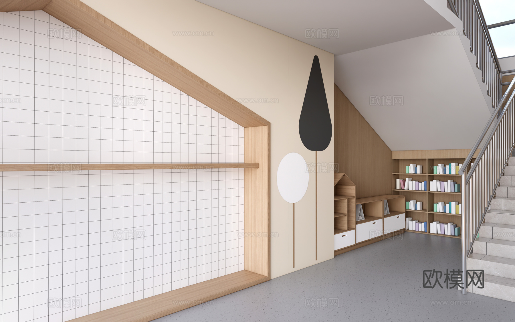 现代学校楼梯间装饰 校园文化墙 校园装饰墙 校园读书角su模型